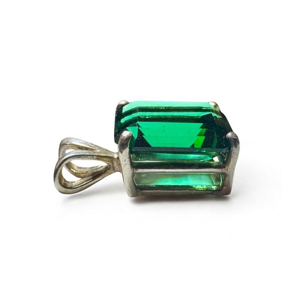 Vintage Prong-Set Emerald Glass Sterling Silver Pendant - Picture 1 of 11